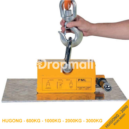 Nam châm hít cẩu Hugong tay gạt tải 2000kg - Vàng chanh